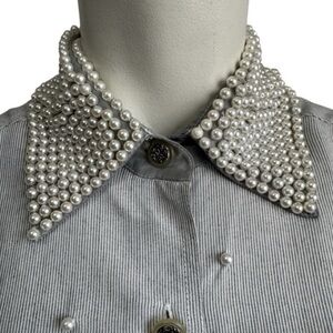 Vintage 80s SUNNY LEIGH pinstripe blouse pearl collar embellishments women small
